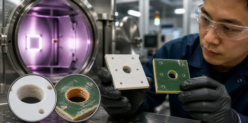 A fabrication engineer compares drilled PTFE and FR4 hole walls during hybrid PCB via reliability review