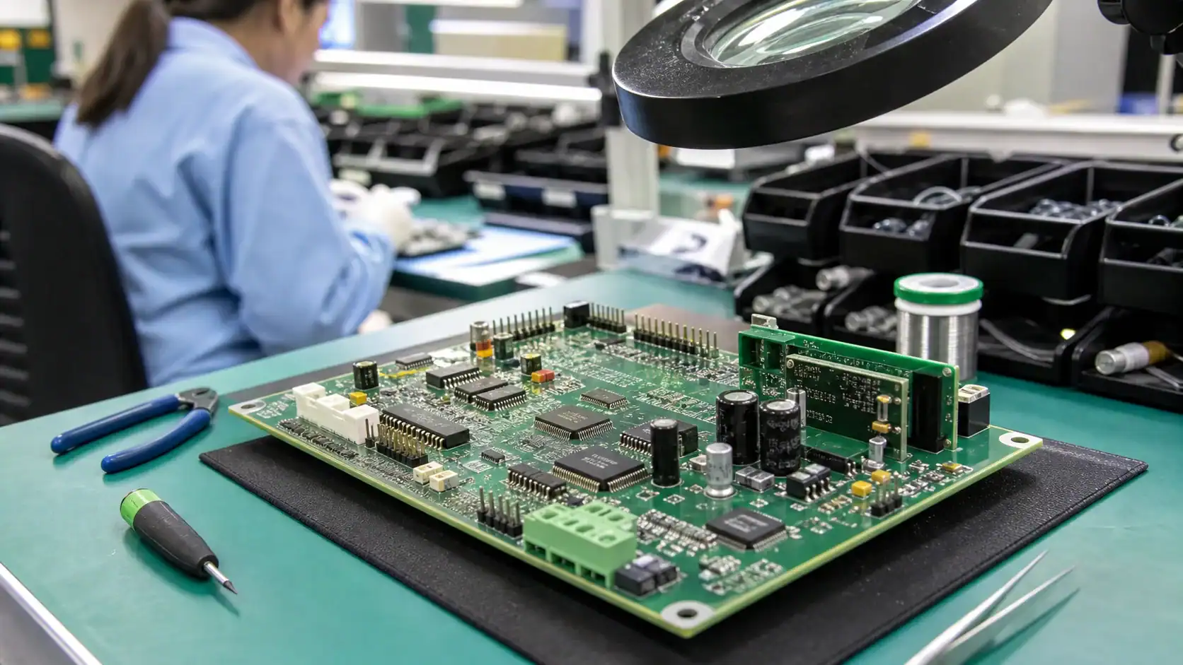 Mixed SMT and through-hole PCB assembly with connectors and surface-mount components