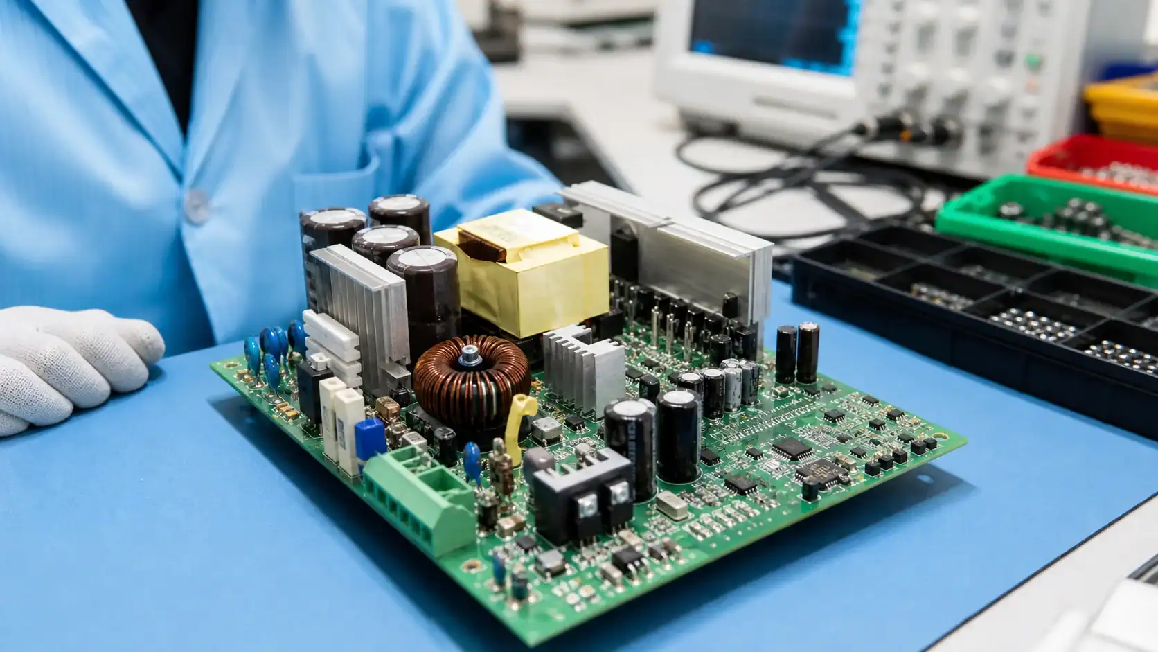 Mixed technology power supply PCB assembly with transformer, heat sinks and through-hole capacitors