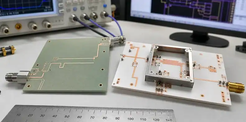 Illustration comparing an RF laminate board with a ceramic package concept