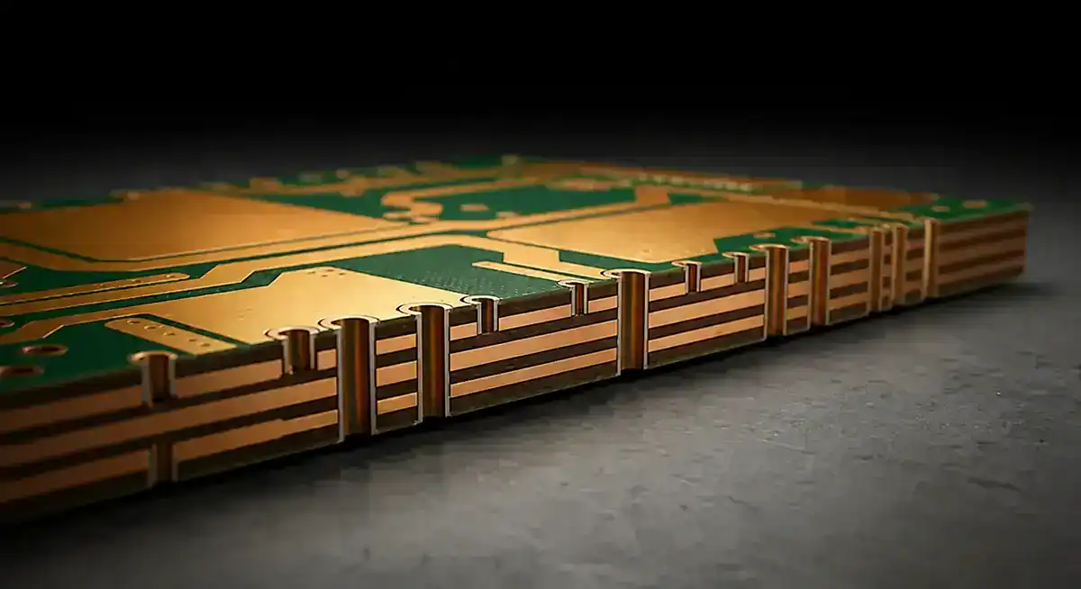 Heavy copper multilayer PCB stackup cross section showing thick copper layers and plated vias