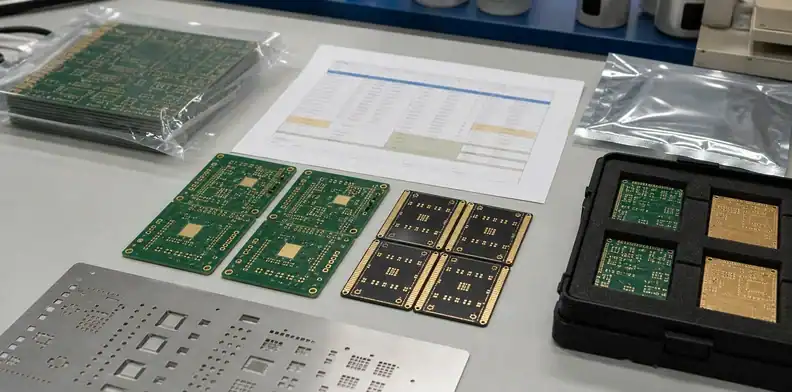 Engineering bench comparing OSP PCB finish samples with ENIG boards and RFQ cost notes