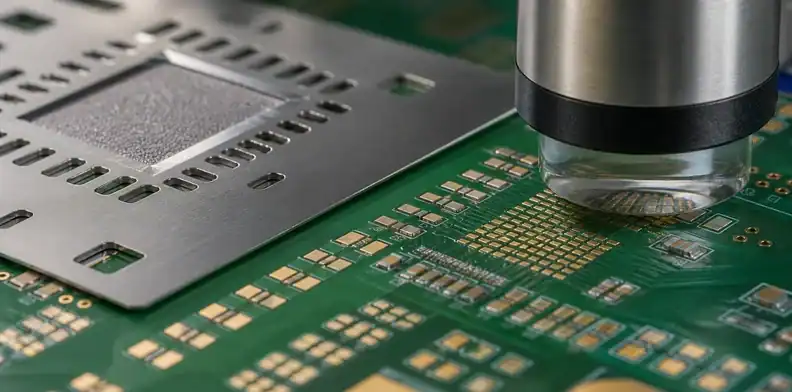 OSP PCB finish close-up showing flat solder pads beside stencil inspection for fine-pitch SMT