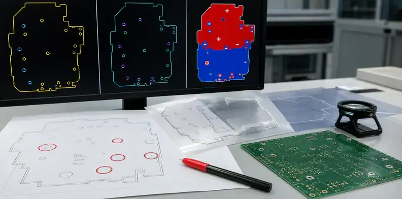 An outline drawing and polarity overlay show ai pcb gerber review for board profile and mirror traps.