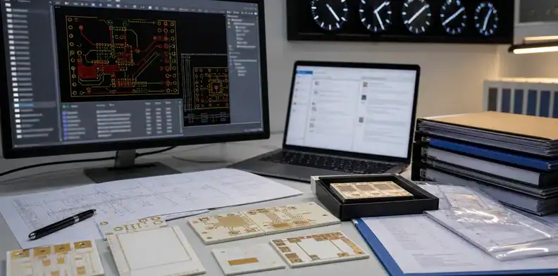 An overseas RFQ workstation checks drawings and documents for top ceramic pcb manufacturers in china.