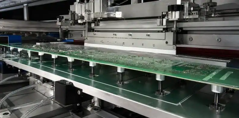 Distributed underside tooling keeps oversized PCB solder paste printing stable during the stroke.