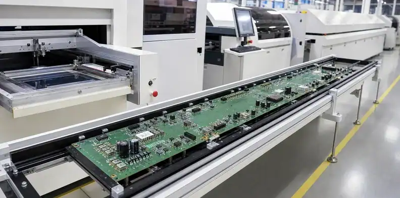 A supported SMT line shows the full route required for large format PCB assembly.