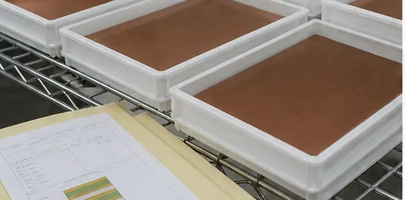 A press traveler and innerlayer panel set show PCB innerlayer oxide evidence before multilayer lamination.