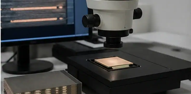 A microscope station shows PCB innerlayer oxide release review beside a multilayer cross-section sample.