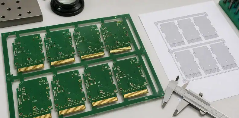 A panel of card-edge PCBs shows pcb gold finger plating acceptance for contact-zone protection.