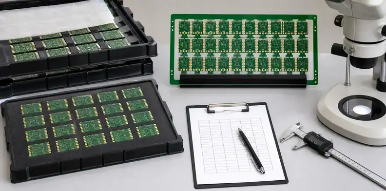 ESD trays and panel frames show castellated hole plating acceptance for shipment release.
