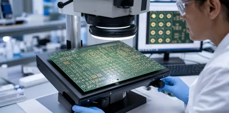 PCB annular ring breakout inspected on a vision-measurement microscope