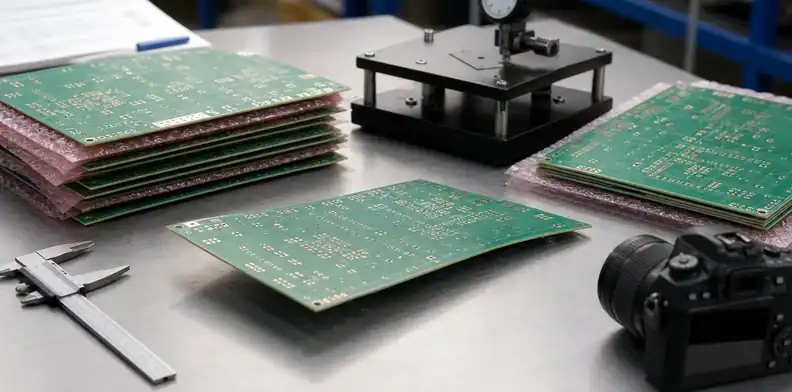 Receiving inspection table checking PCB bow twist spec on delivered bare boards