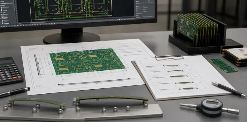 CAM review desk linking PCB bow twist spec to RFQ evidence and panel drawing
