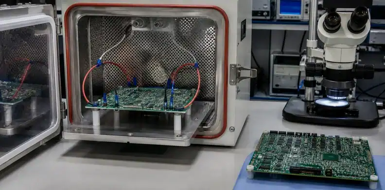 PCB CAF prevention tested with a humidity-bias fixture in a reliability laboratory