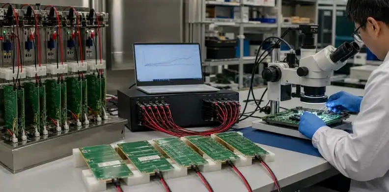 PCB CAF prevention coupons under bias beside a preserved failure-analysis sample