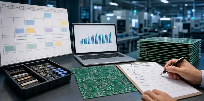 PCB capacity reservation featured capacity calendar with PCB panels, forecast chart and reservation decision record