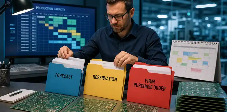 PCB capacity reservation buyer separating forecast reservation and firm PO on a PCB sourcing desk