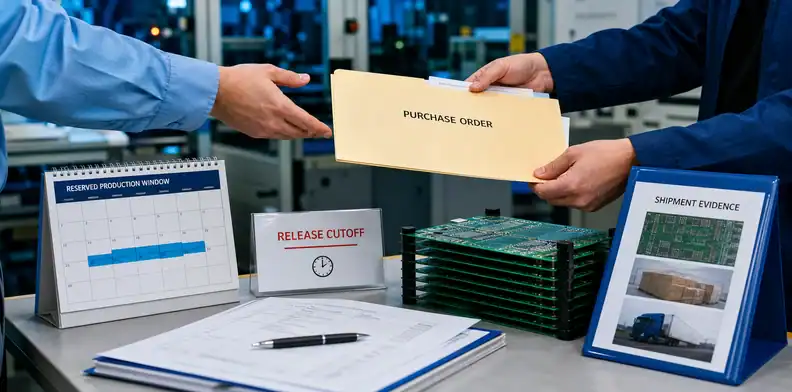 PCB capacity reservation PO handoff package with reserved production window and release cutoff