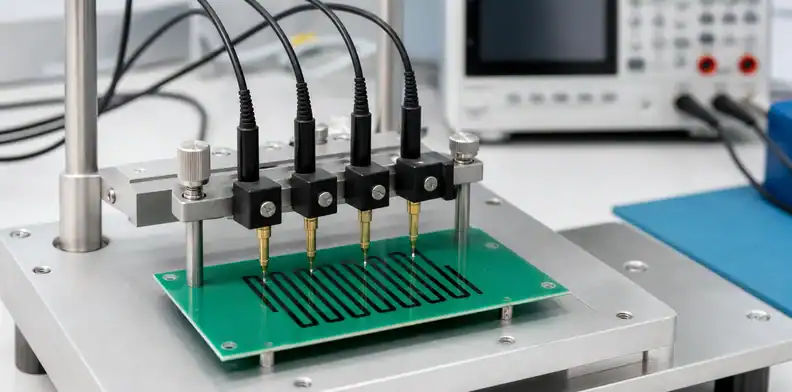 A manufacturing view of pCB carbon ink acceptance featured view of printed carbon contacts under production measurement.