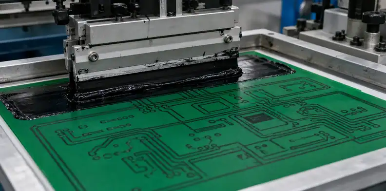 A manufacturing view of pCB carbon ink acceptance showing a carbon ink print operation on a circuit panel.