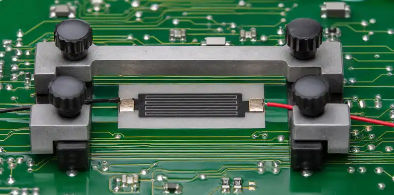 A manufacturing view of pCB carbon ink acceptance showing a controlled fixture for cured carbon contact testing.