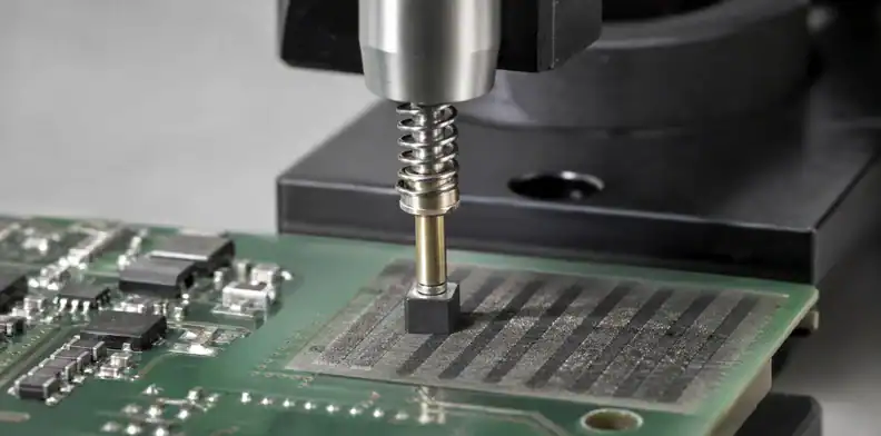 A manufacturing view of pCB carbon ink acceptance showing resistance measurement on a carbon contact feature.