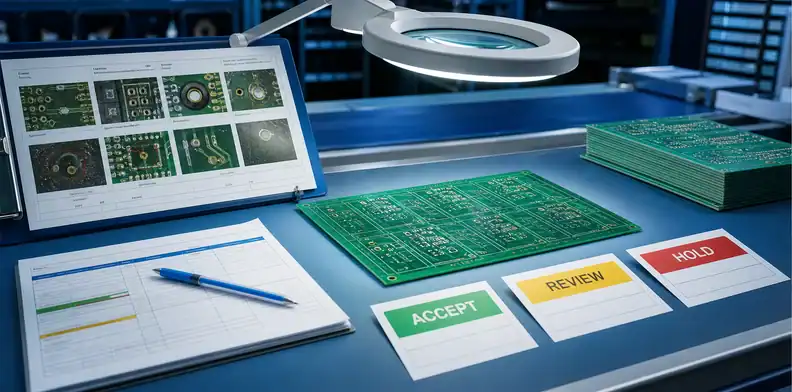 PCB cosmetic acceptance criteria PCB receiving inspection table with cosmetic acceptance photos, IPC reference sheet, board sample, and disposition labels