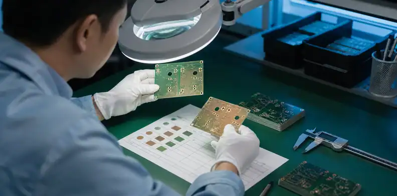 PCB cosmetic acceptance criteria quality engineer comparing solderable surfaces, mask variation, and nonfunctional rail marks on bare PCBs