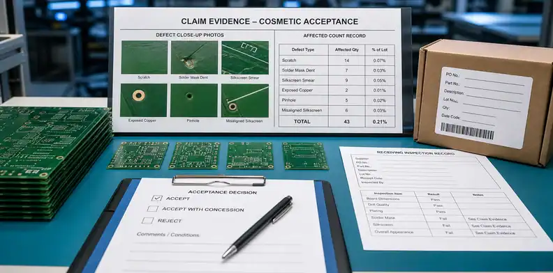 PCB cosmetic acceptance criteria claim evidence layout with close-up PCB photos, packaging label, affected count record, and acceptance decision