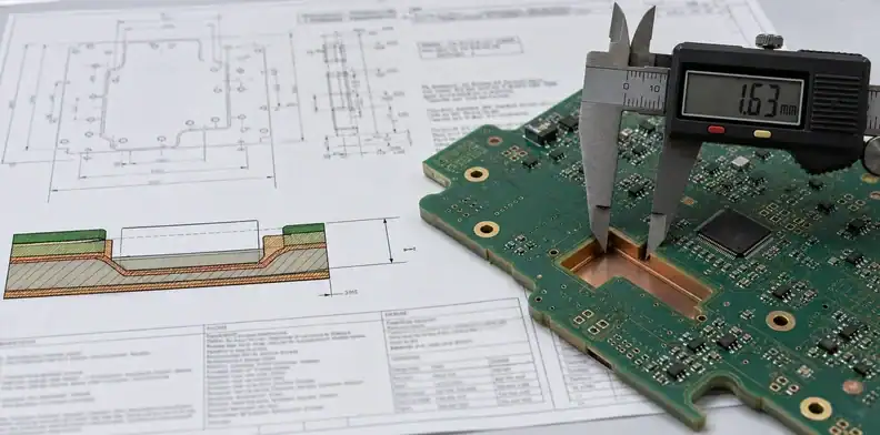 An engineering scene for PCB counterbore vs countersink showing depth callout with inner copper clearance.