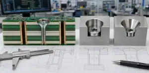 An engineering scene for PCB counterbore vs countersink showing recess cross-section and screw heads.