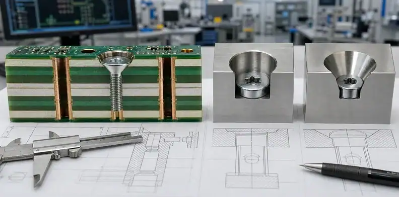 An engineering scene for PCB counterbore vs countersink showing recess cross-section and screw heads.
