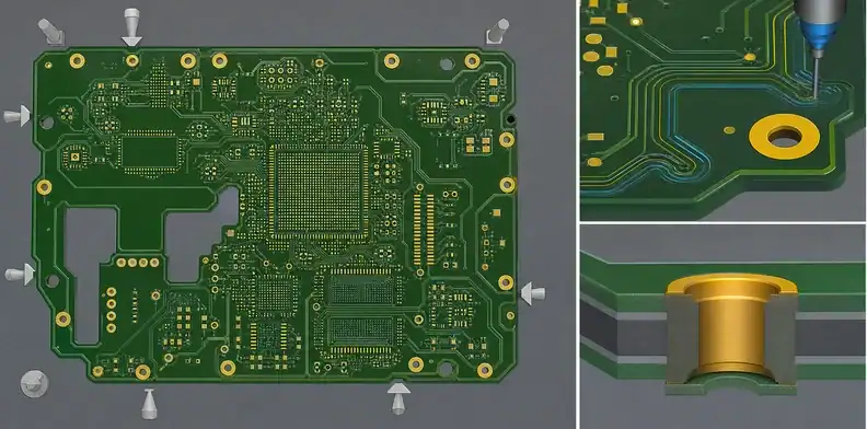 An engineering scene for PCB counterbore vs countersink showing first-article fastener fit.
