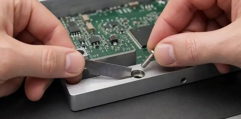 An engineering scene for PCB counterbore vs countersink showing mounting datum and CAM review.