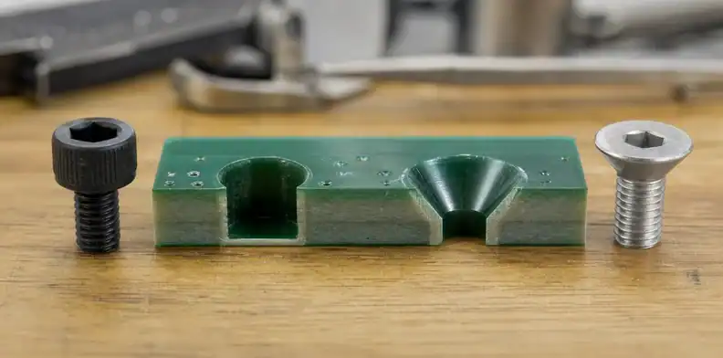 An engineering scene for PCB counterbore vs countersink showing recess cross-section and screw heads.