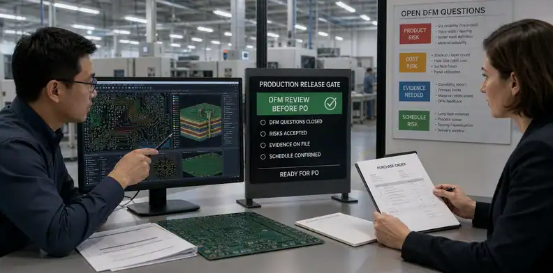 PCB DFM review before PO with open engineering questions and production release gate