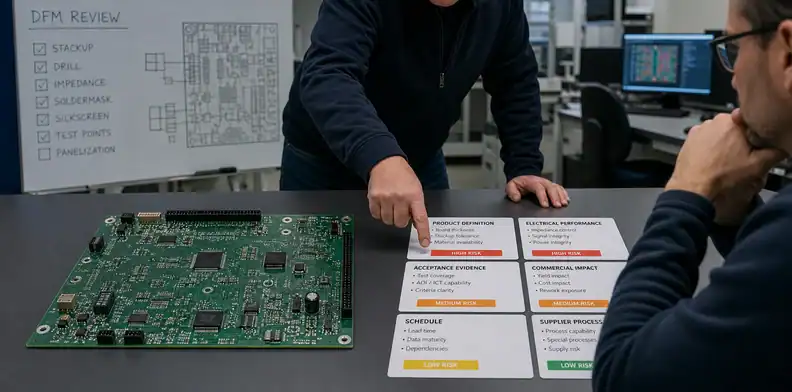 PCB DFM review before PO classification of build blockers and supplier process comments