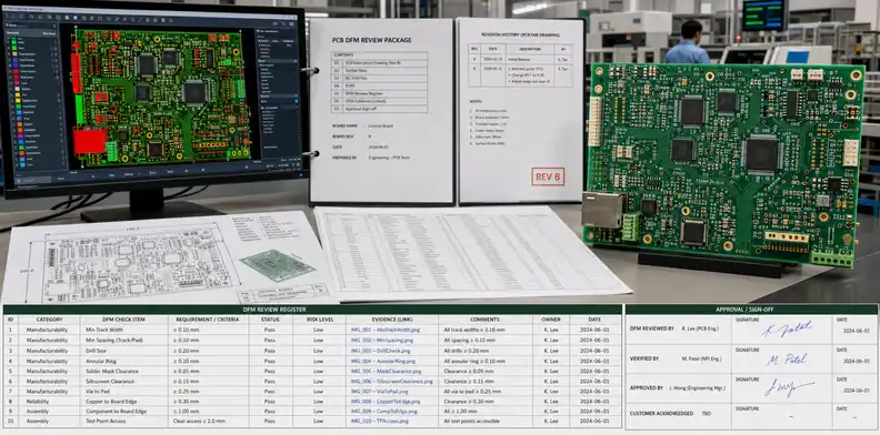 PCB DFM review before PO controlled revision and release-ready DFM register