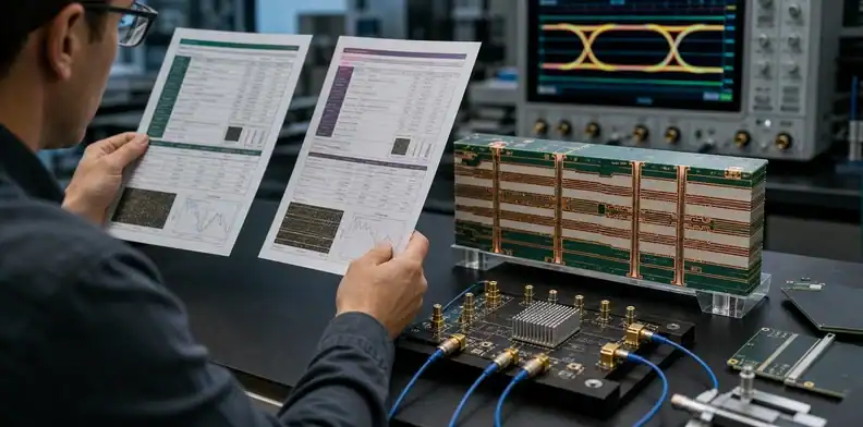 An engineering scene for PCB Dk and Df test methods showing an engineer comparing high-speed laminate data.