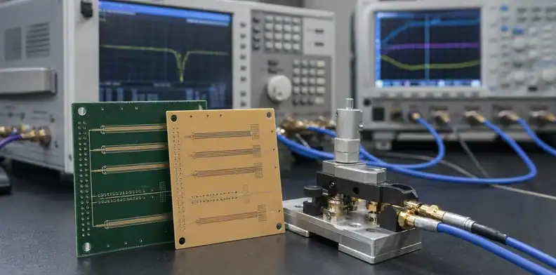 An engineering scene for PCB Dk and Df test methods showing laminate samples and a frequency test fixture.