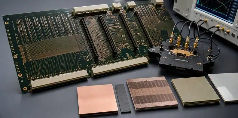 An engineering scene for PCB Dk and Df test methods showing a high-speed backplane and loss-measurement fixture.
