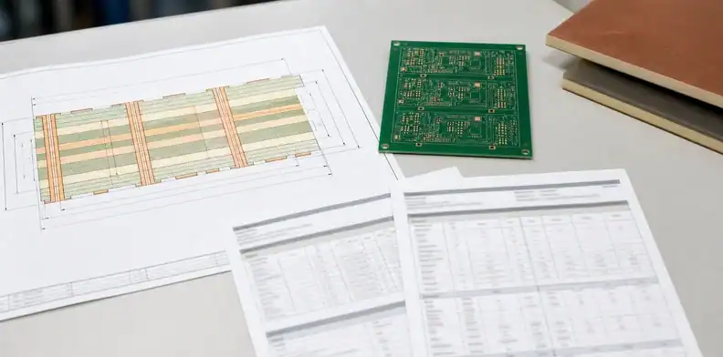 An engineering scene for PCB Dk and Df test methods showing a stack-up and high-speed quote review.