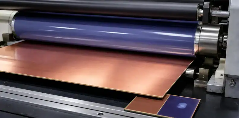 A manufacturing view of pCB dry-film resist defects featured view of film lamination over a production panel.