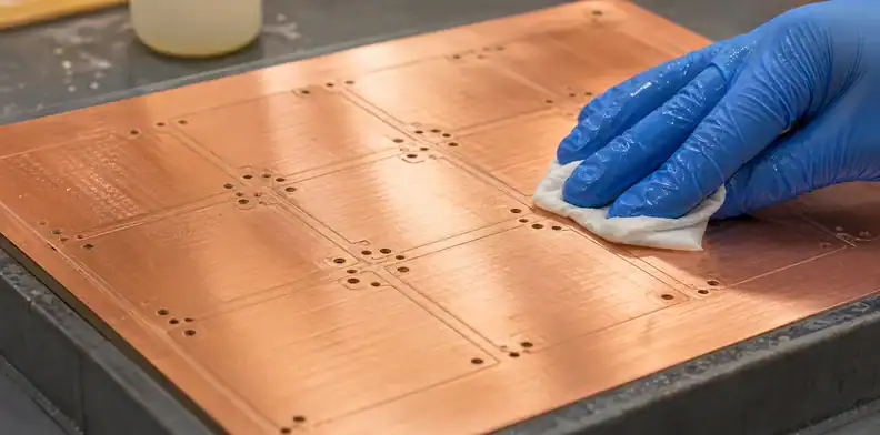 A manufacturing view of pCB dry-film resist defects showing prepared copper surface handling before lamination.