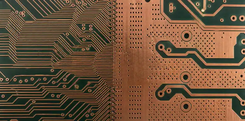 A manufacturing view of pCB dry-film resist defects showing copper topography that affects film contact.