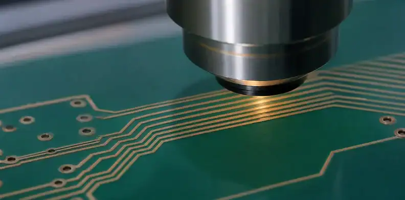 A manufacturing view of pCB dry-film resist defects showing inspection of a fine-line production panel.