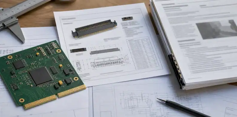 An engineering scene for PCB edge connector bevel showing connector RFQ package review.