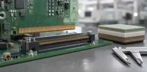 An engineering scene for PCB edge connector bevel showing beveled gold-finger card edge.