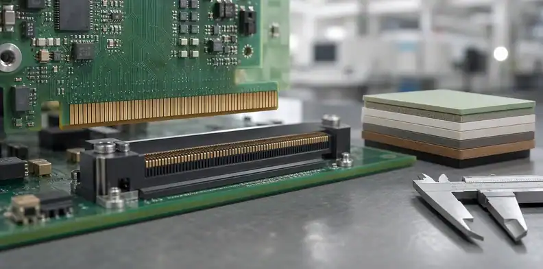An engineering scene for PCB edge connector bevel showing beveled gold-finger card edge.